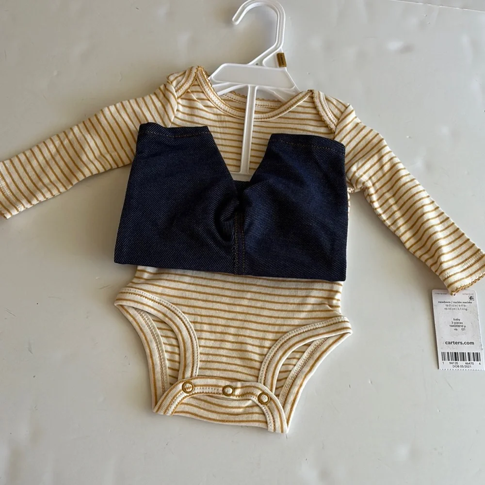 Carter’s Pink and Tan Floral Vest Striped Bodysuit and Pant Set - Picture 8 of 16